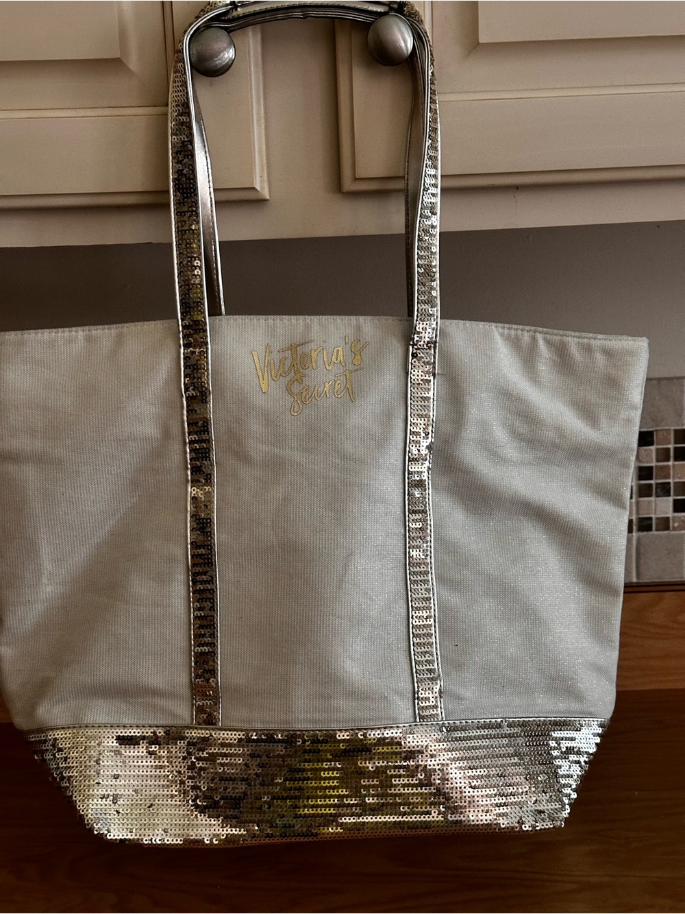 Victoria's Secret Cream Tote with Gold Sequin Trim